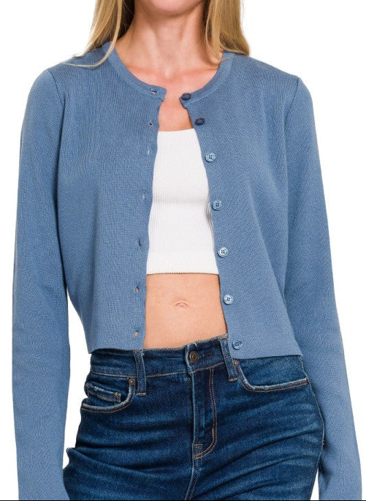 Ann Crewneck Long Sleeve Cardigan Denim Blue