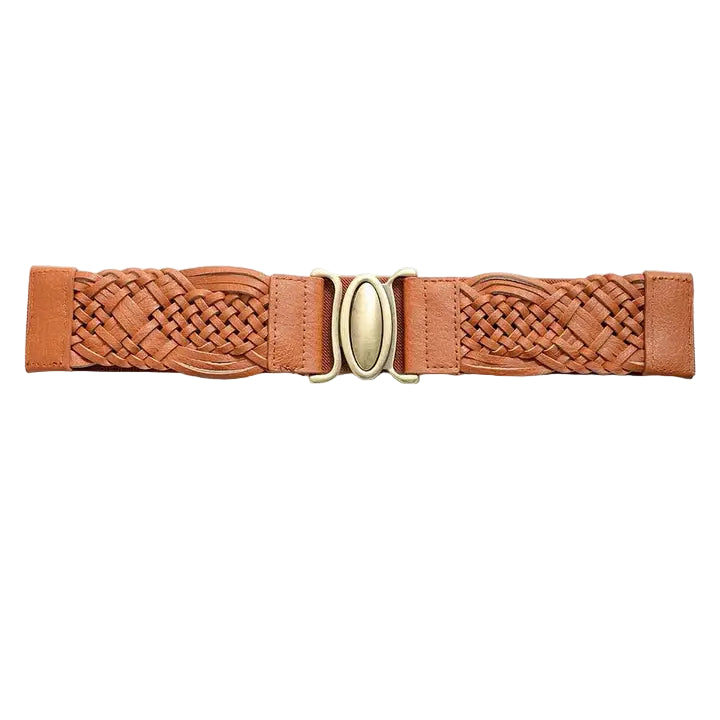 Oval Buckle Braided Elastic Belt Camel