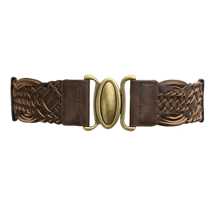 Oval Buckle Braided Elastic Belt Brown