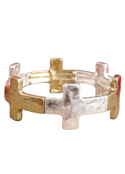 Boho Worn Gold and Silver Cross Stretch Bracelet